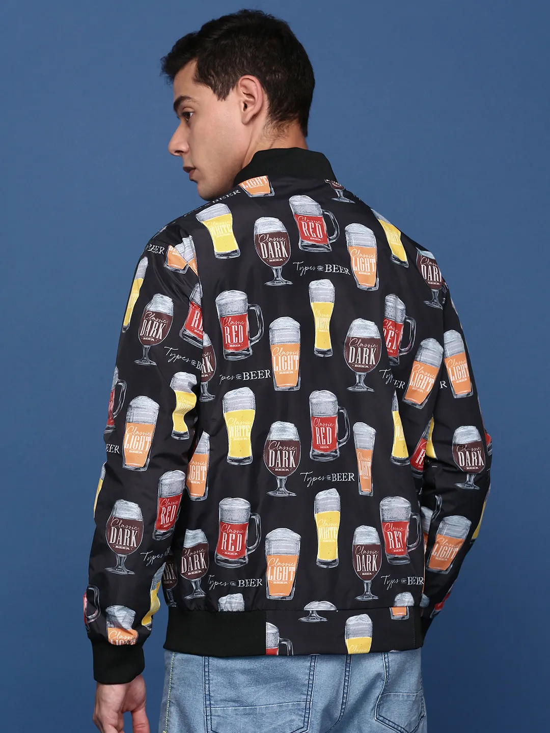 Men Black Windcheater Mandarin Collar Printed Bomber with Patchwork Jacket