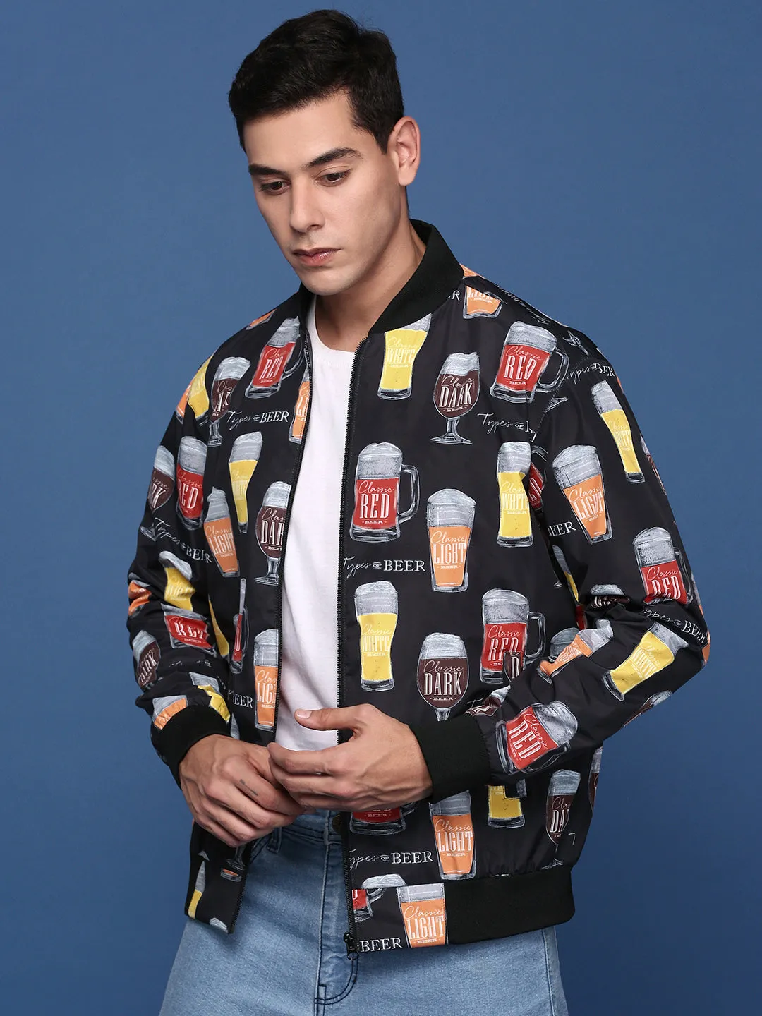 Men Black Windcheater Mandarin Collar Printed Bomber with Patchwork Jacket