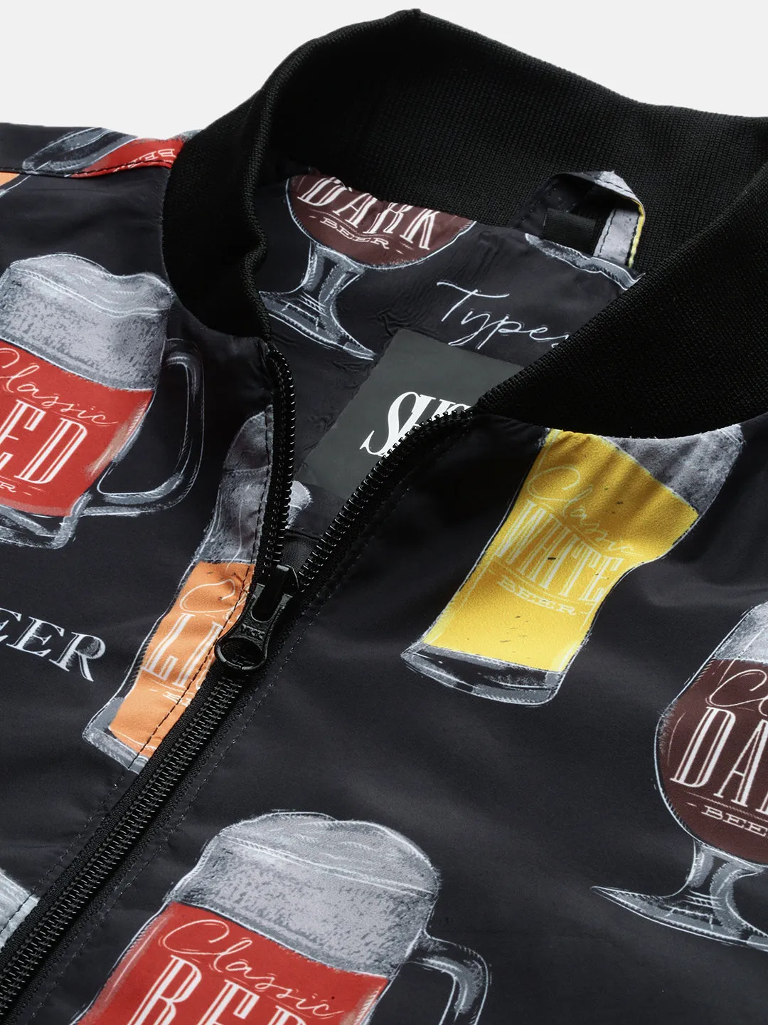 Men Black Windcheater Mandarin Collar Printed Bomber with Patchwork Jacket
