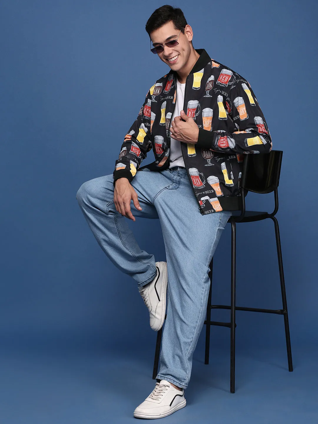 Men Black Windcheater Mandarin Collar Printed Bomber with Patchwork Jacket