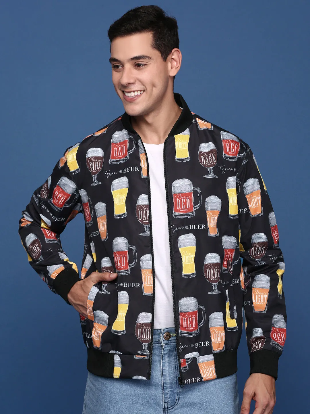 Men Black Windcheater Mandarin Collar Printed Bomber with Patchwork Jacket