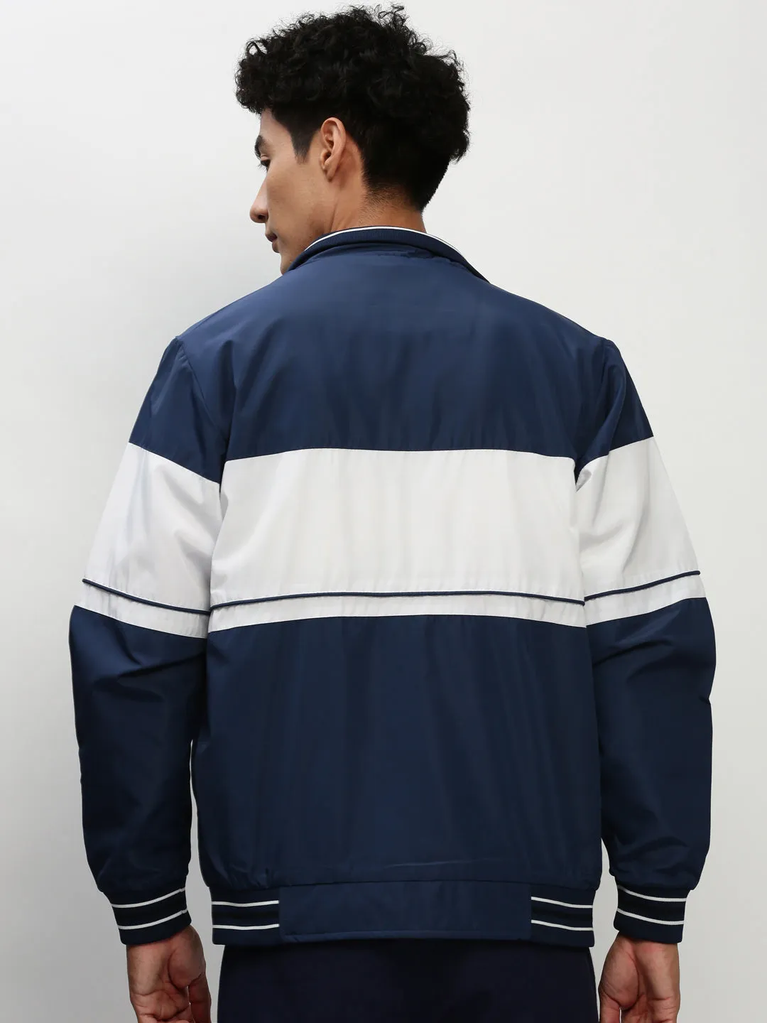 Men Blue Colour blocked Mock Collar Bomber Jacket