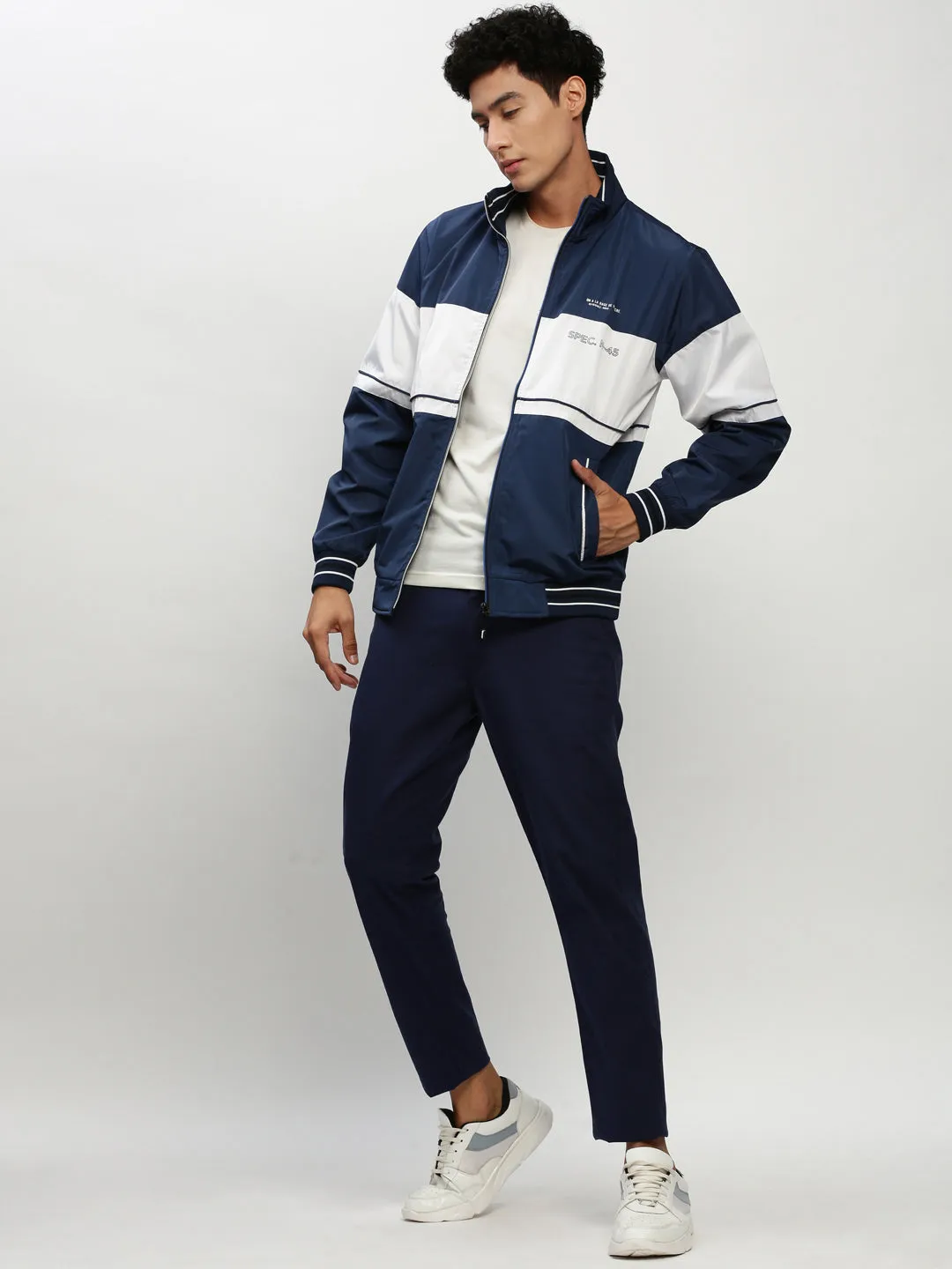 Men Blue Colour blocked Mock Collar Bomber Jacket