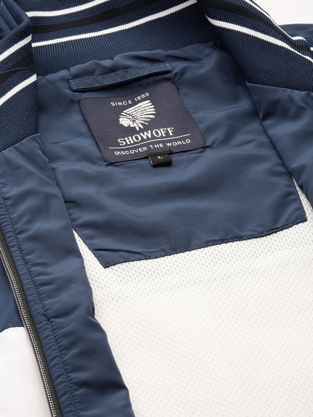 Men Blue Colour blocked Mock Collar Bomber Jacket