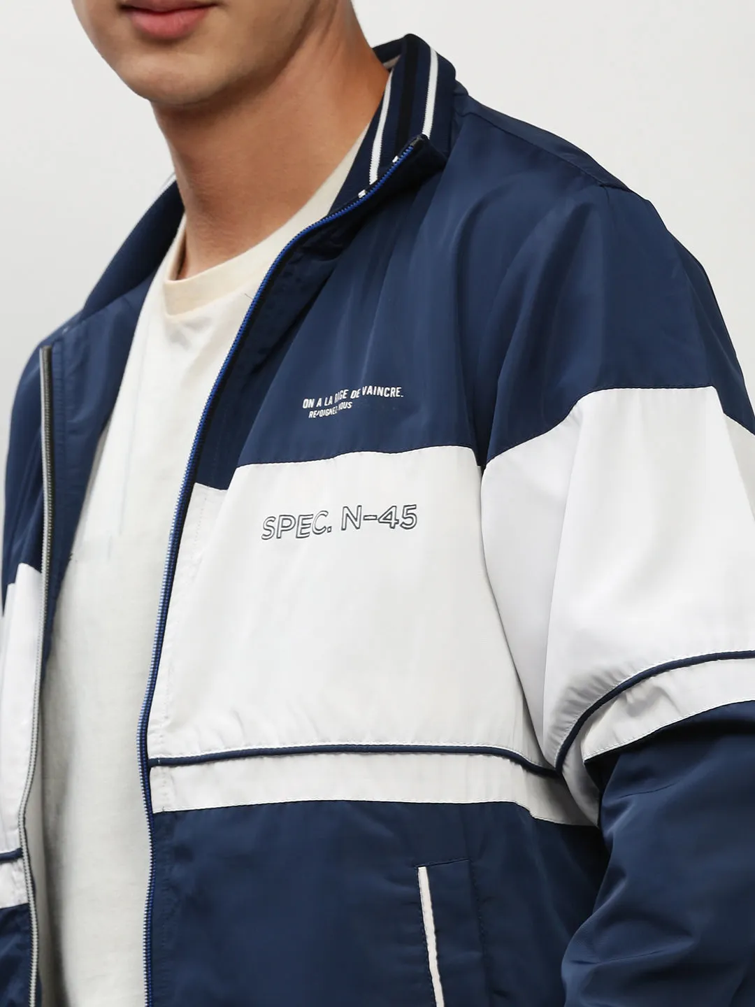 Men Blue Colour blocked Mock Collar Bomber Jacket