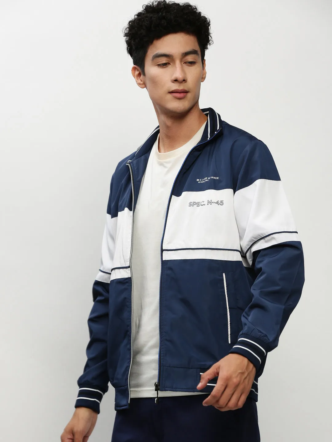 Men Blue Colour blocked Mock Collar Bomber Jacket