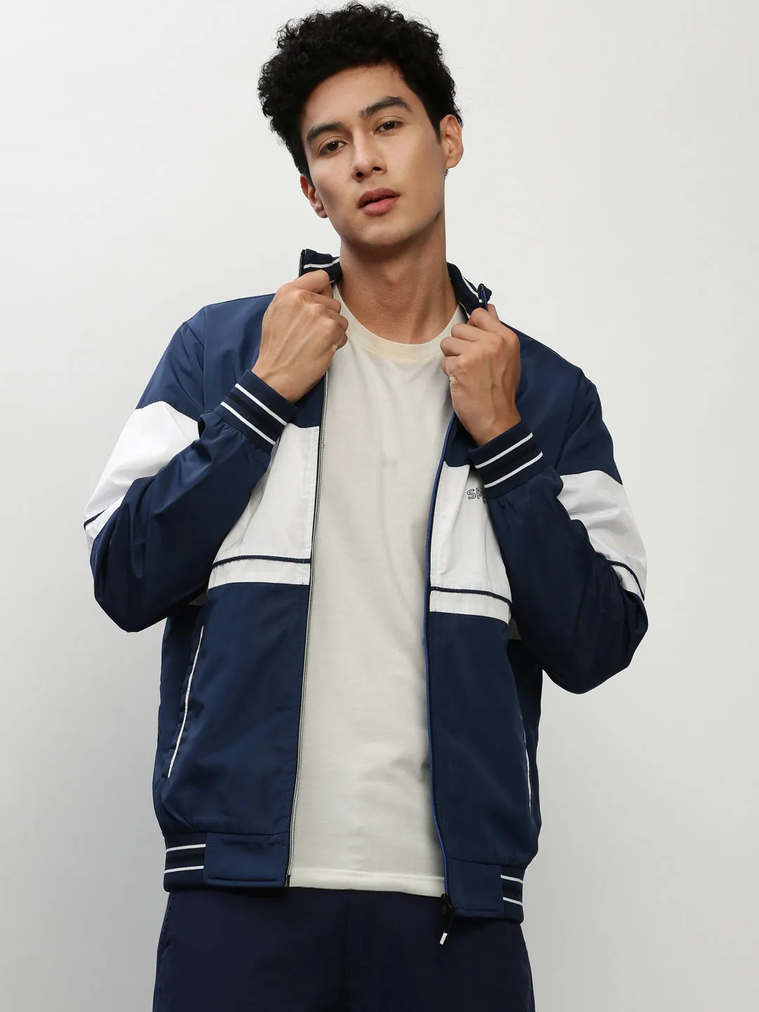 Men Blue Colour blocked Mock Collar Bomber Jacket