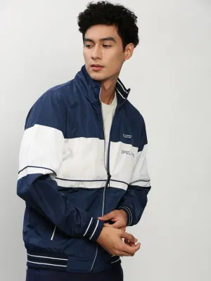 Men Blue Colour blocked Mock Collar Bomber Jacket