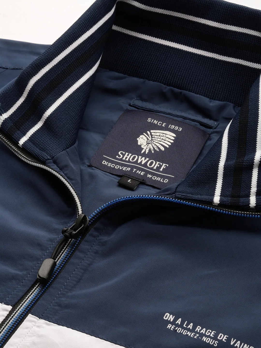 Men Blue Colour blocked Mock Collar Bomber Jacket