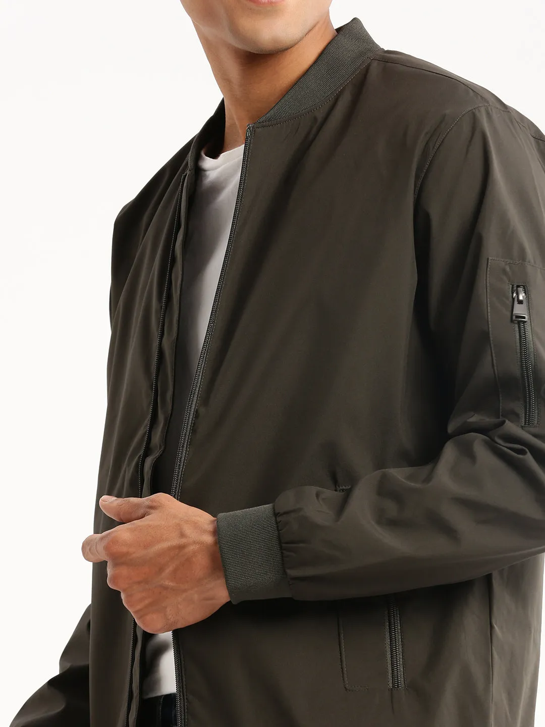 Men Olive Mandarin Collar Bomber Jacket