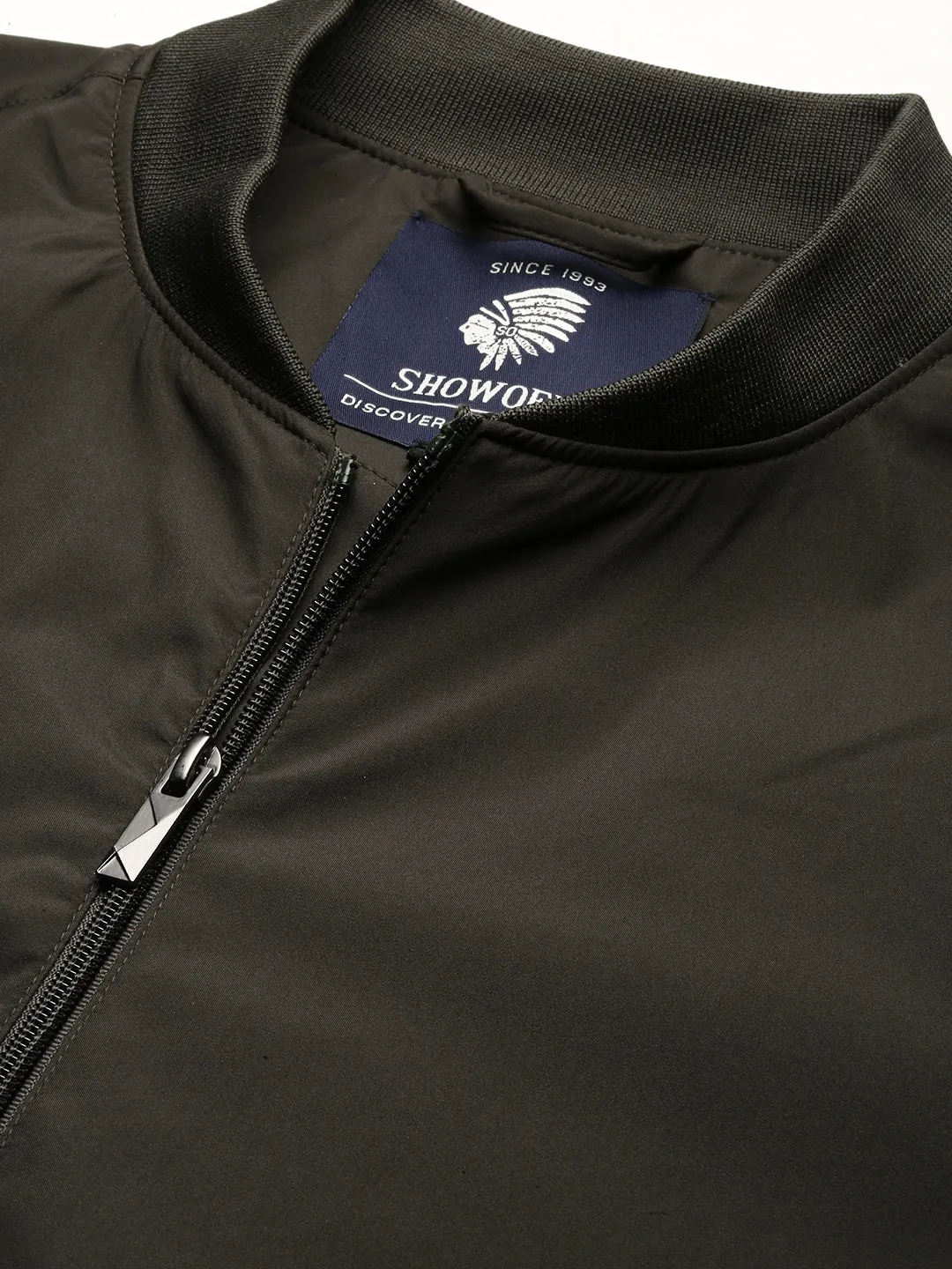 Men Olive Mandarin Collar Bomber Jacket