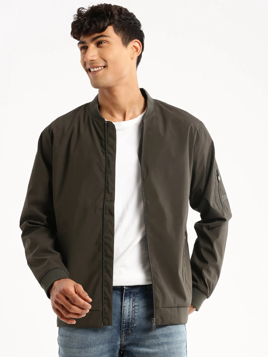 Men Olive Mandarin Collar Bomber Jacket