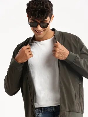 Men Olive Mandarin Collar Bomber Jacket