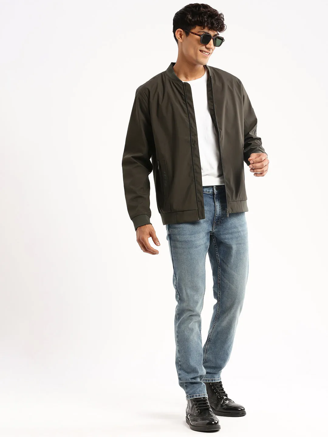 Men Olive Mandarin Collar Bomber Jacket