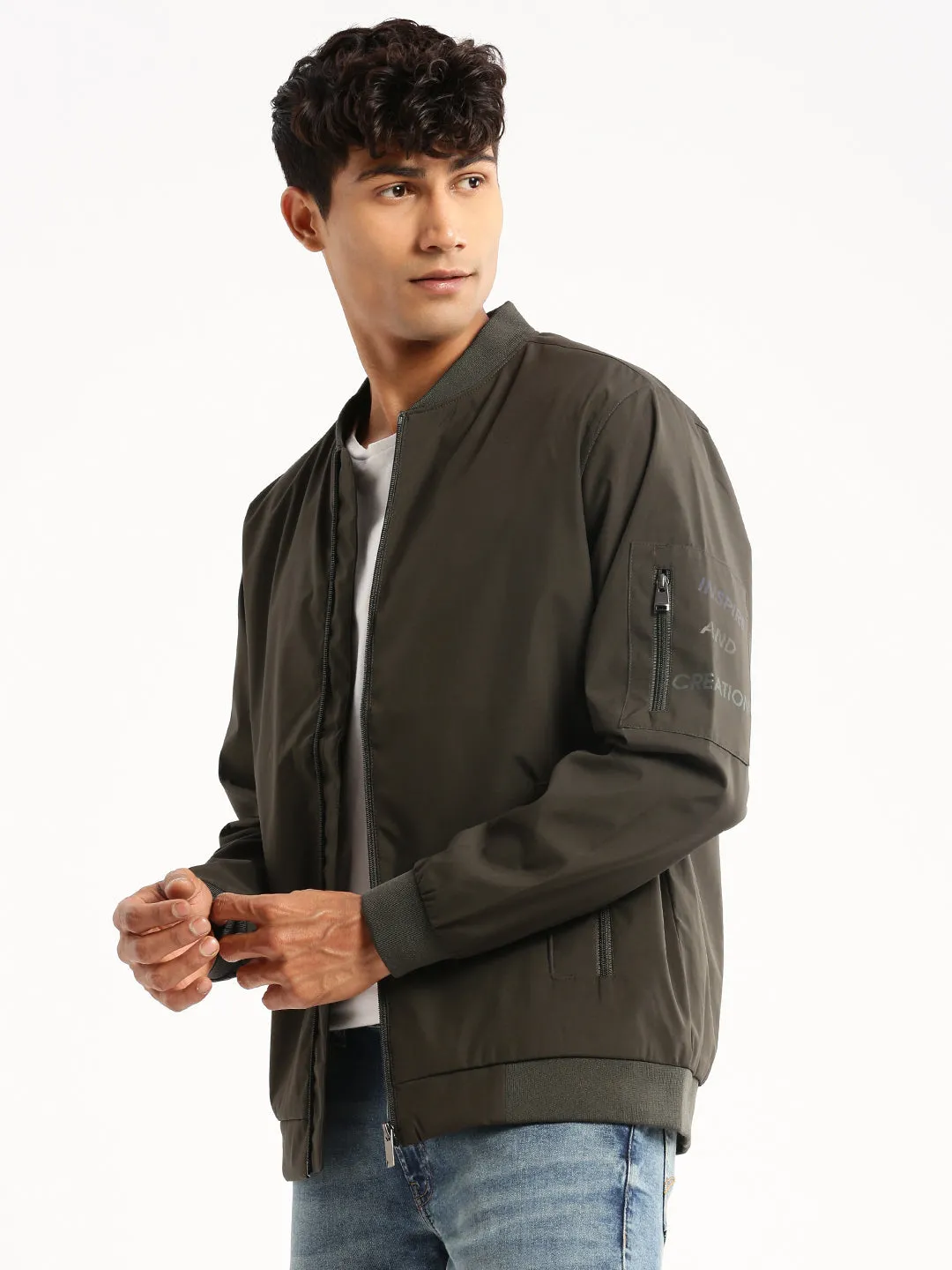 Men Olive Mandarin Collar Bomber Jacket