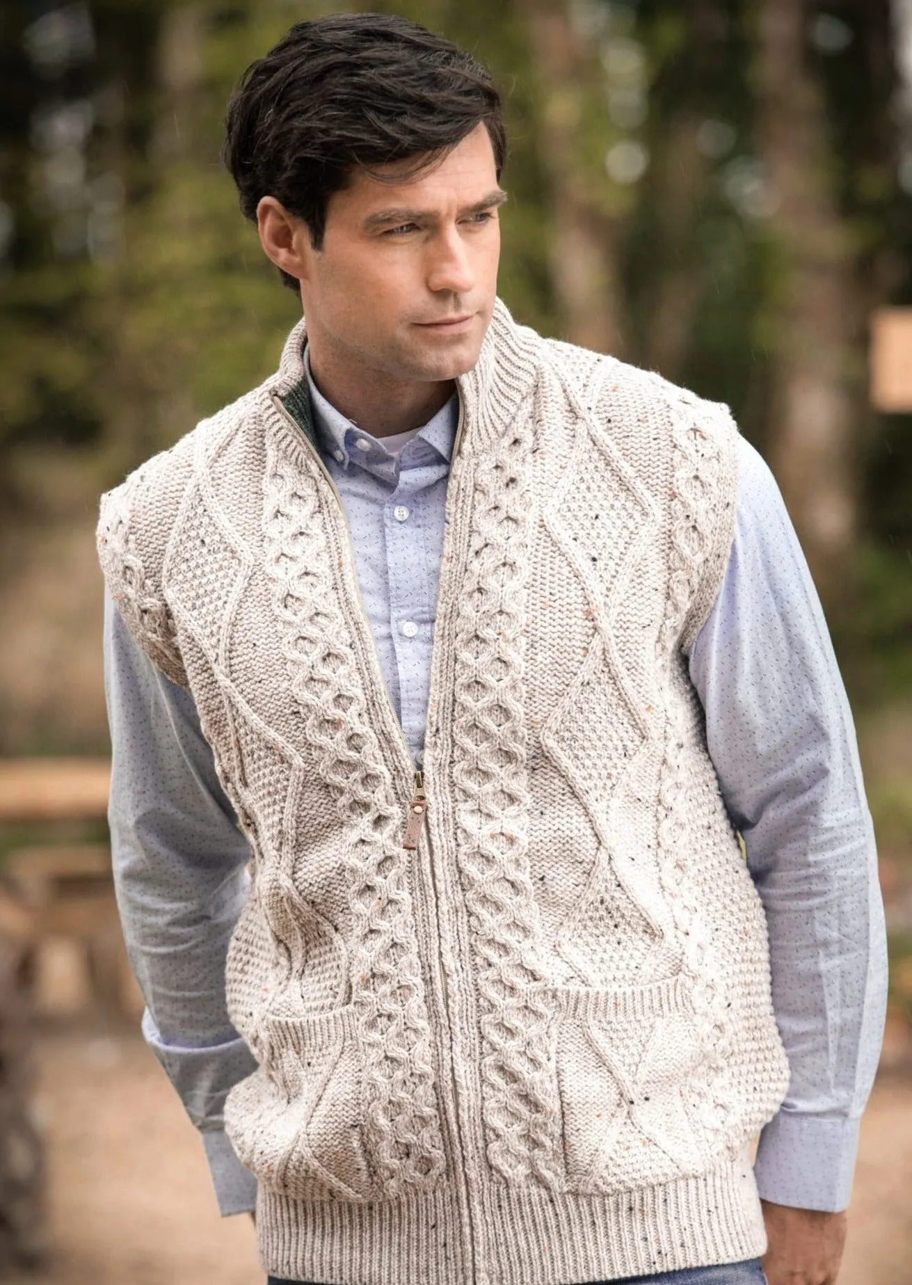 Men's Aran Zip Gilet | Oatmeal - Clearance