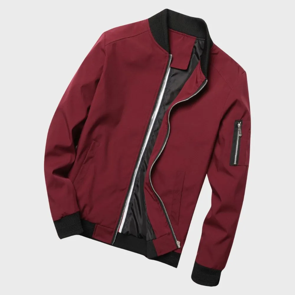 Mens Bomber Jacket  Slim Fit  Lightweight Breathable Fabric  Ribbed Trim  Zip Sleeve Pocket
