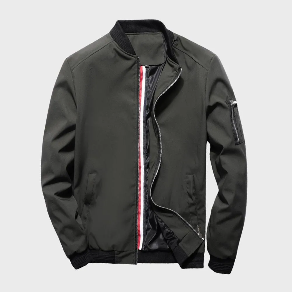 Mens Bomber Jacket  Slim Fit  Lightweight Breathable Fabric  Ribbed Trim  Zip Sleeve Pocket