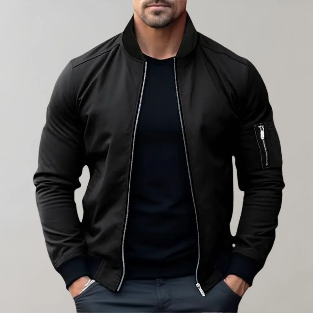Mens Bomber Jacket  Slim Fit  Lightweight Breathable Fabric  Ribbed Trim  Zip Sleeve Pocket