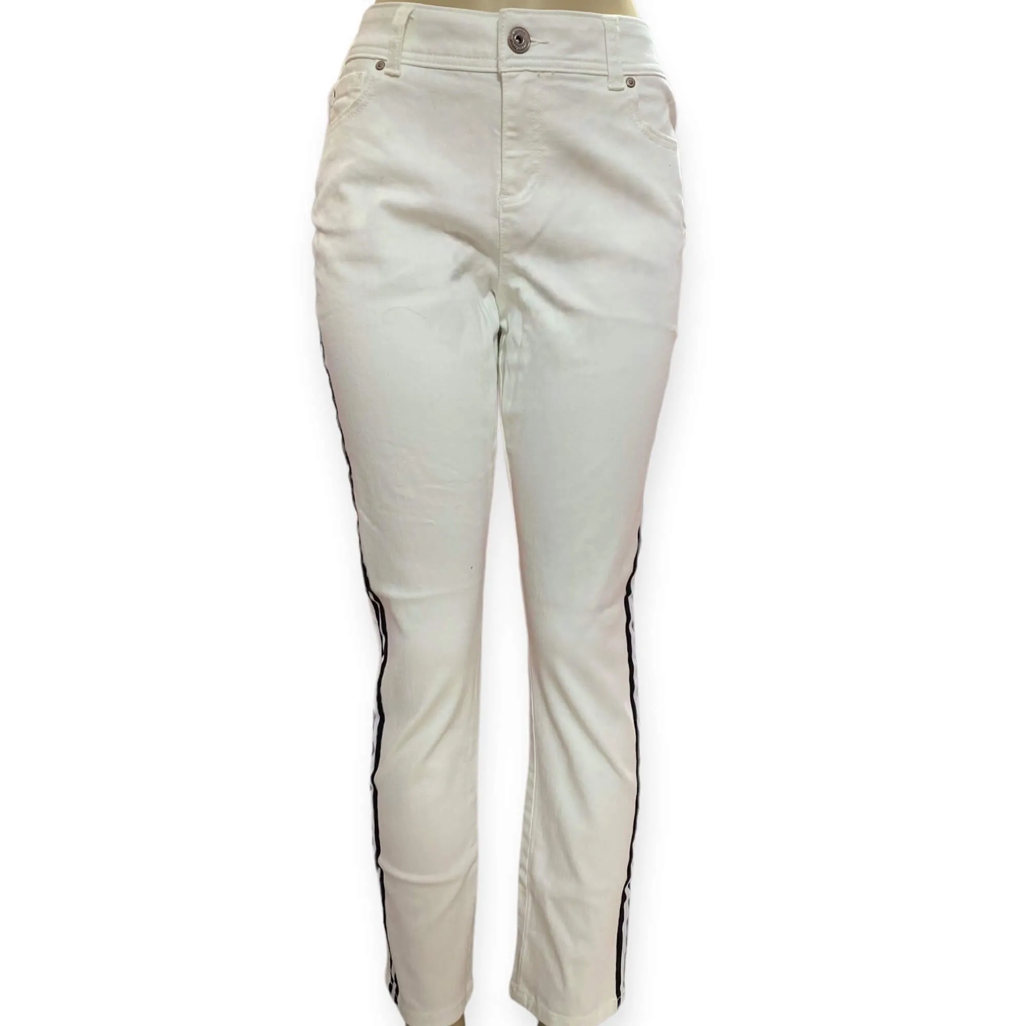 Mid Rise White Skinny Ankle Jeans with Black Side Stripes