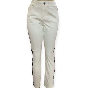 Mid Rise White Skinny Ankle Jeans with Black Side Stripes