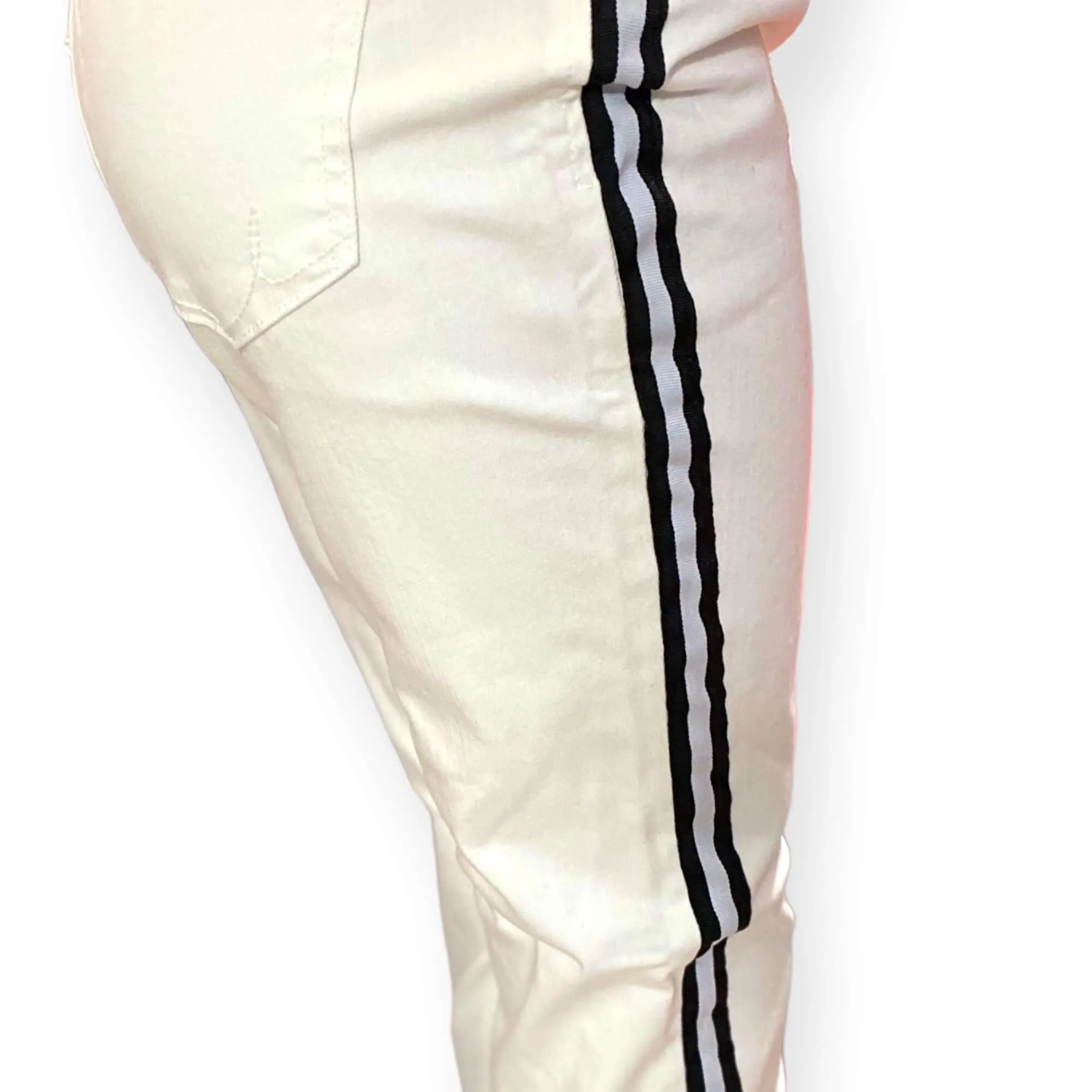 Mid Rise White Skinny Ankle Jeans with Black Side Stripes