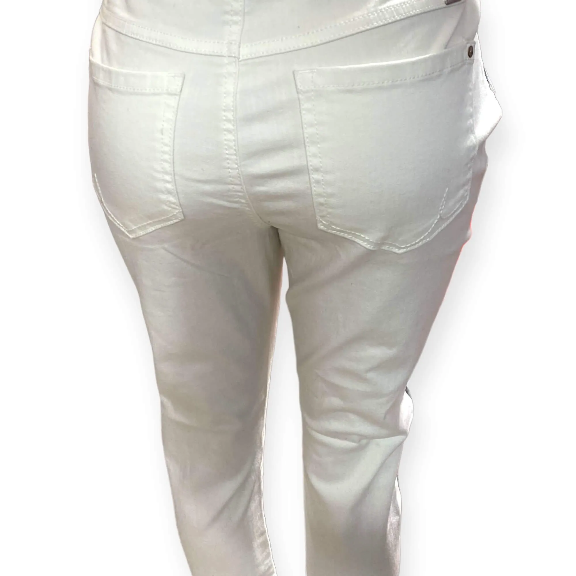 Mid Rise White Skinny Ankle Jeans with Black Side Stripes