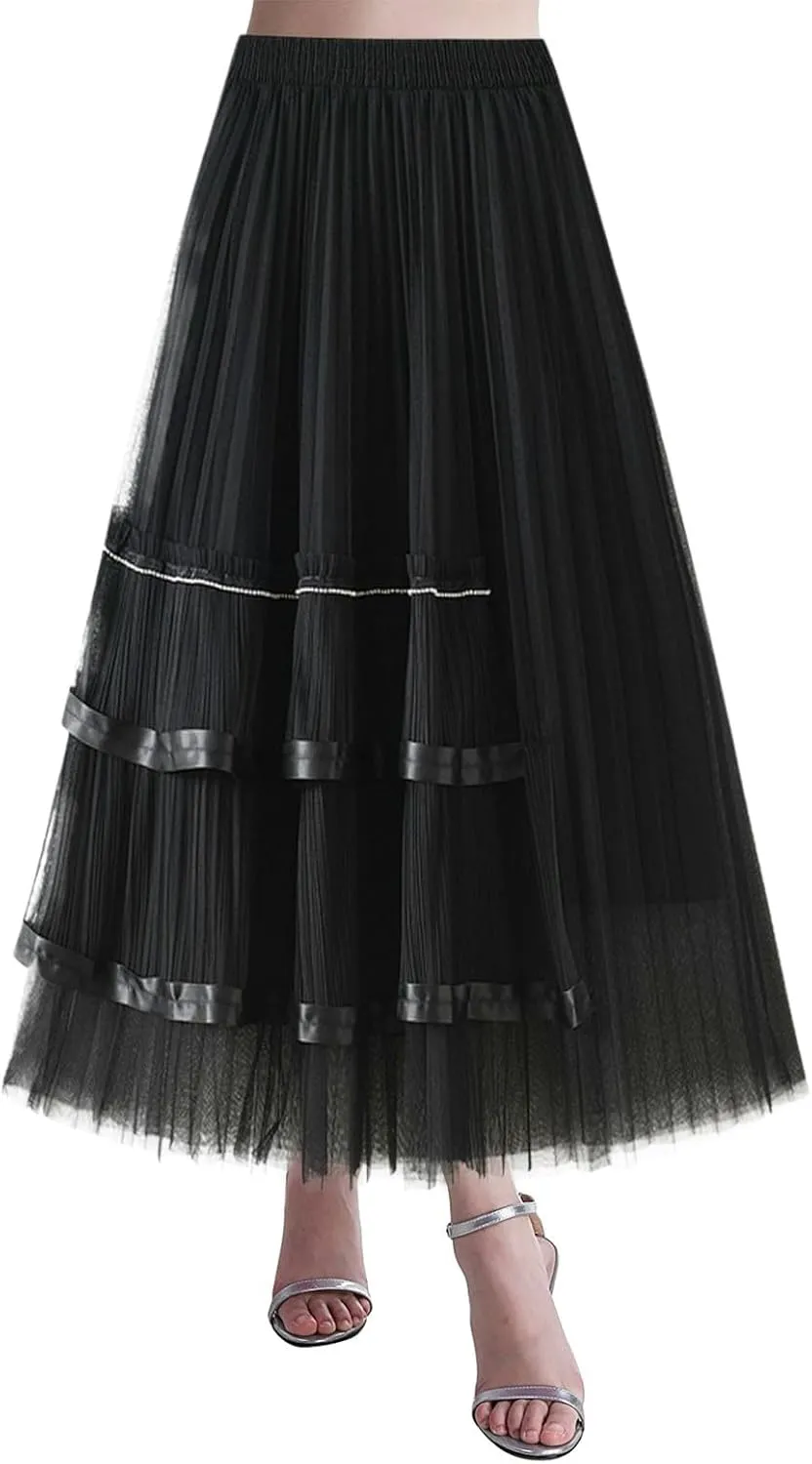 Midi Skirts for Women Ladies Printed Saree Bustier Mid Length A Line Floral Mesh Long Skirt