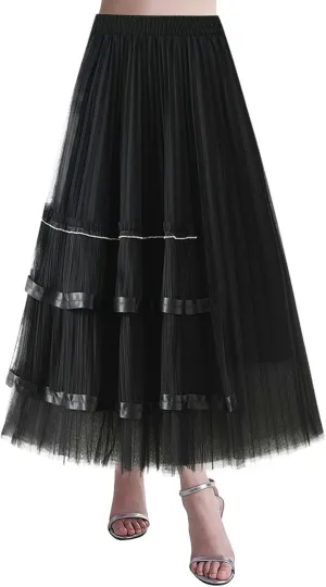 Midi Skirts for Women Ladies Printed Saree Bustier Mid Length A Line Floral Mesh Long Skirt