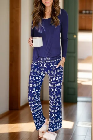 Navy Blue Round Neck Sweater & Printed Pants Loungewear