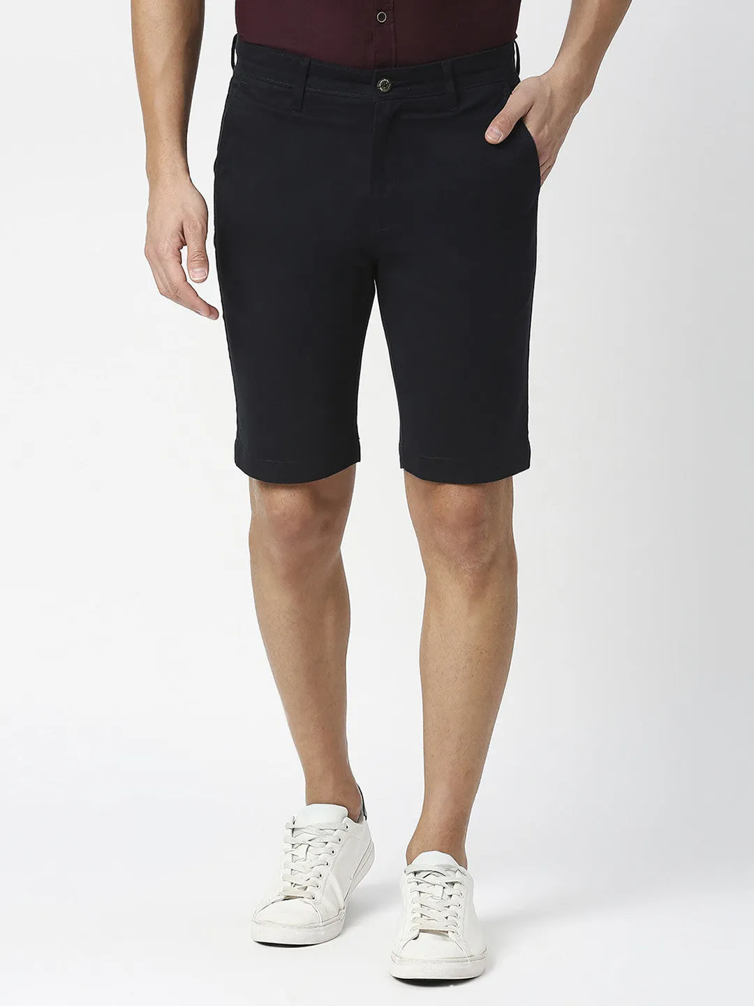 Navy Blue Solid Cotton Shorts