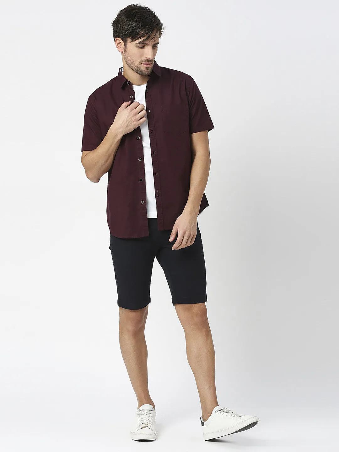Navy Blue Solid Cotton Shorts
