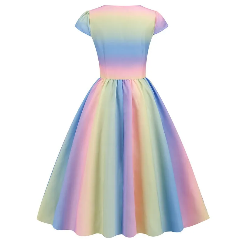 New Women's Short Sleeved Waist Retro Printed Dress
