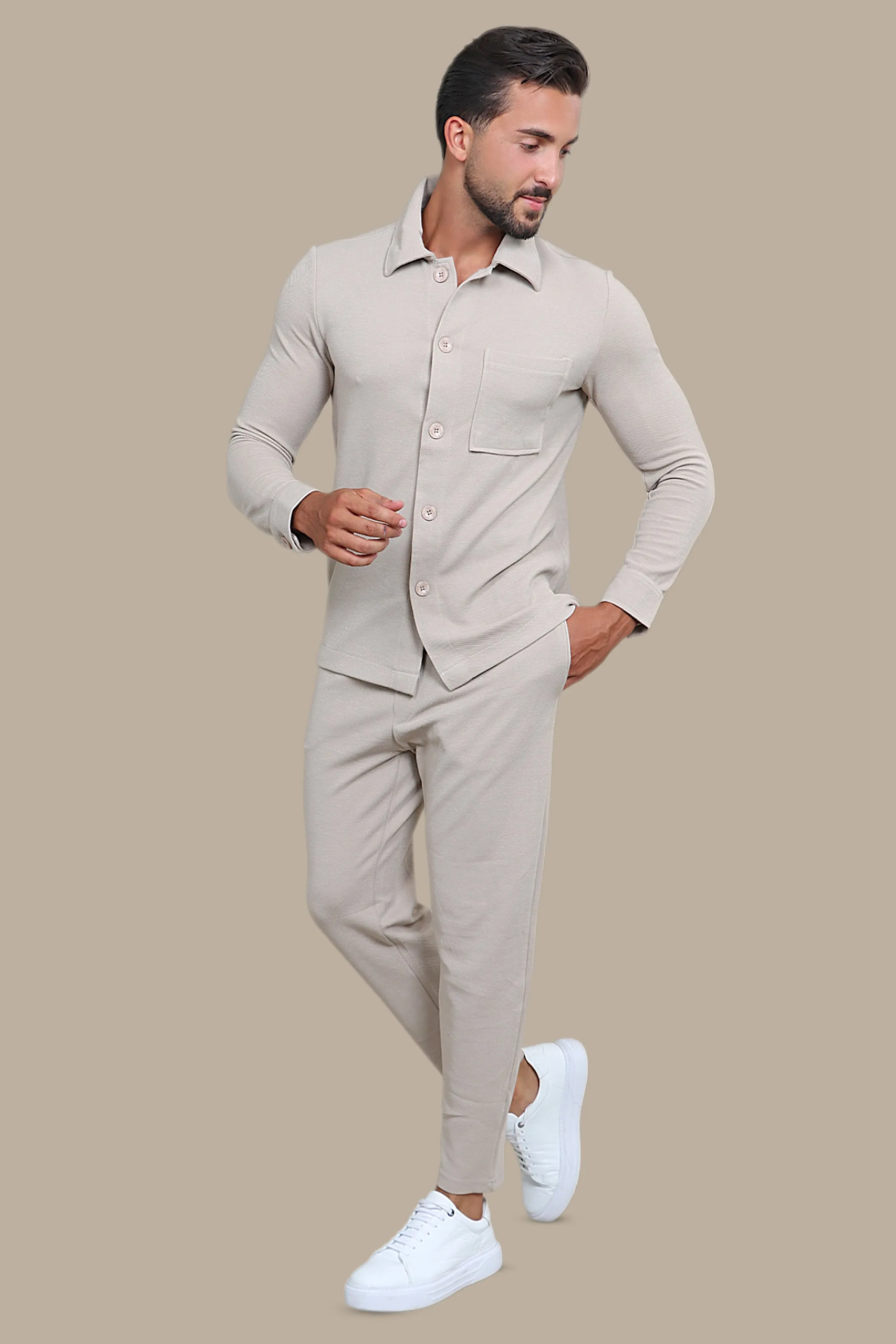Opulent Comfort: Beige Twin Pocket Luxury Tracksuit