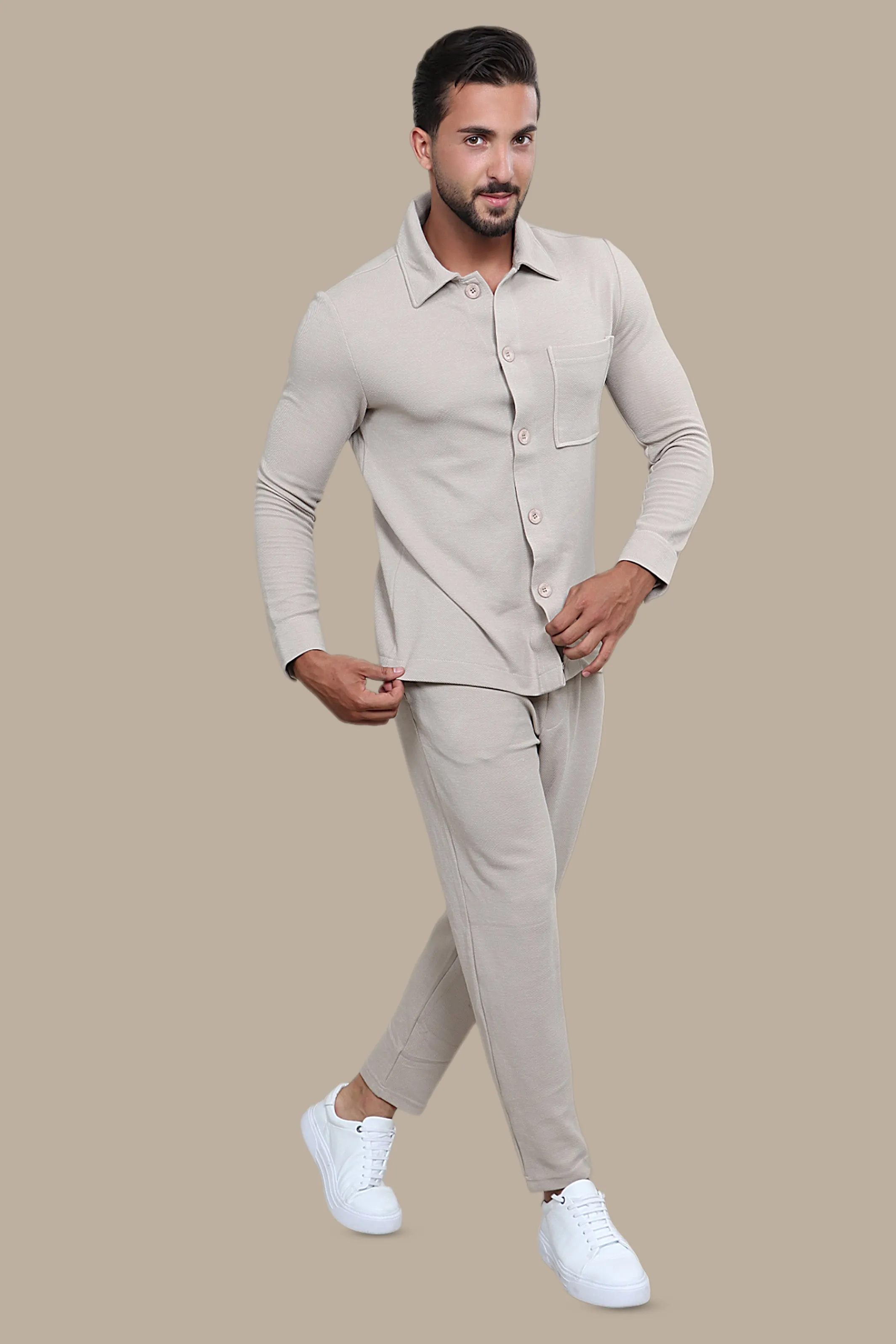 Opulent Comfort: Beige Twin Pocket Luxury Tracksuit