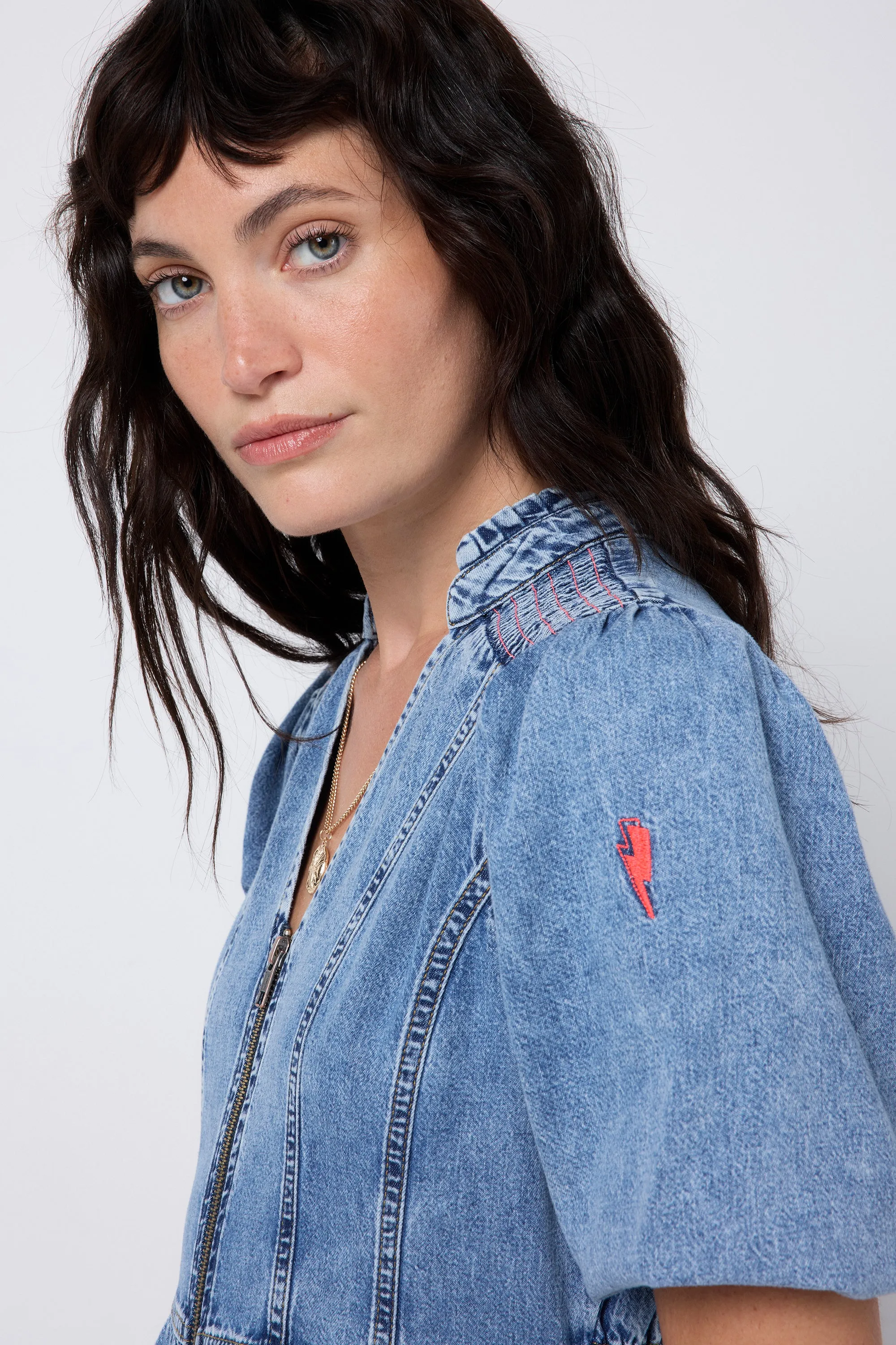 Pale Indigo Zip Detail Tiered Short Denim Dress