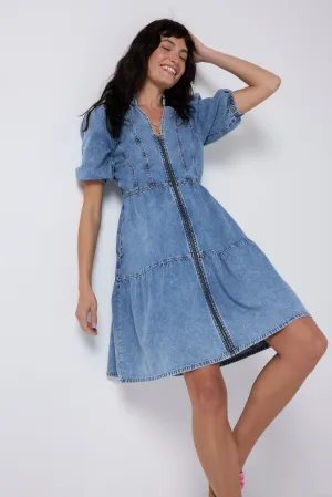 Pale Indigo Zip Detail Tiered Short Denim Dress