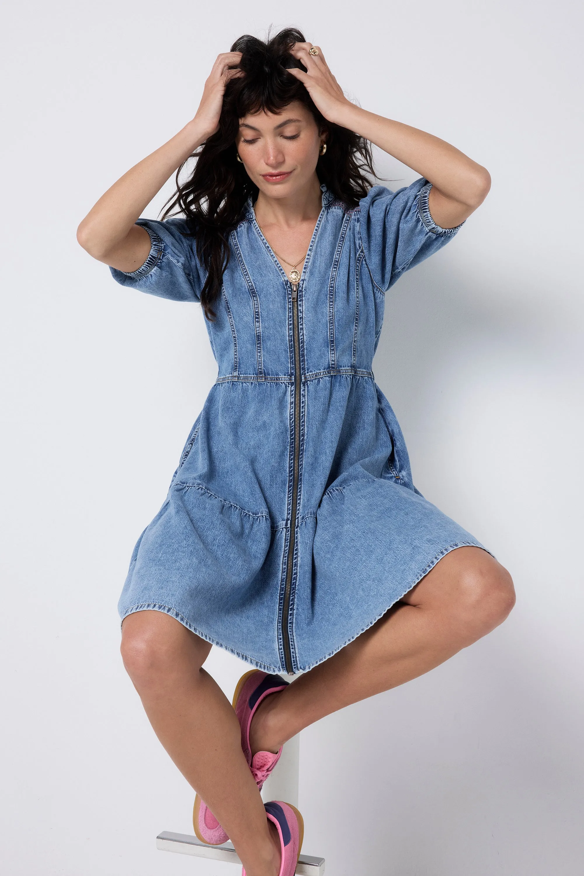 Pale Indigo Zip Detail Tiered Short Denim Dress