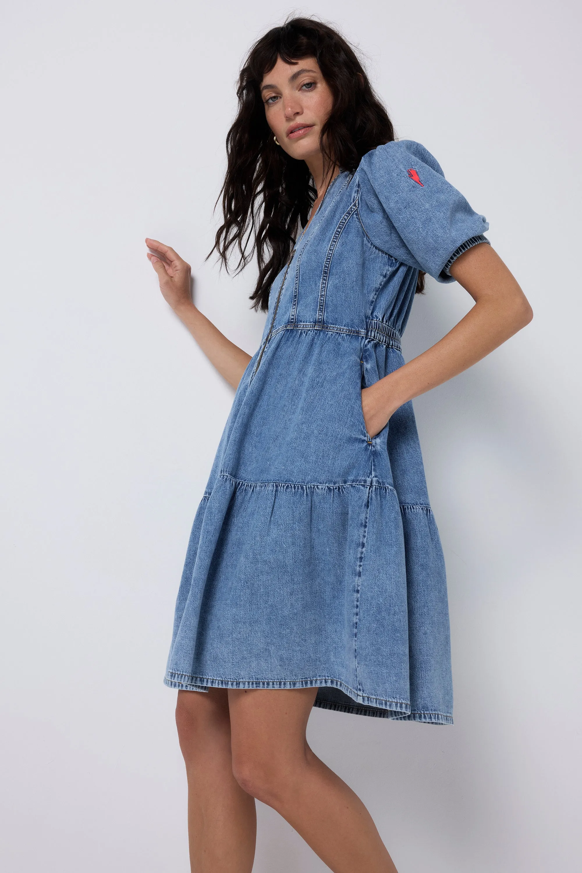 Pale Indigo Zip Detail Tiered Short Denim Dress