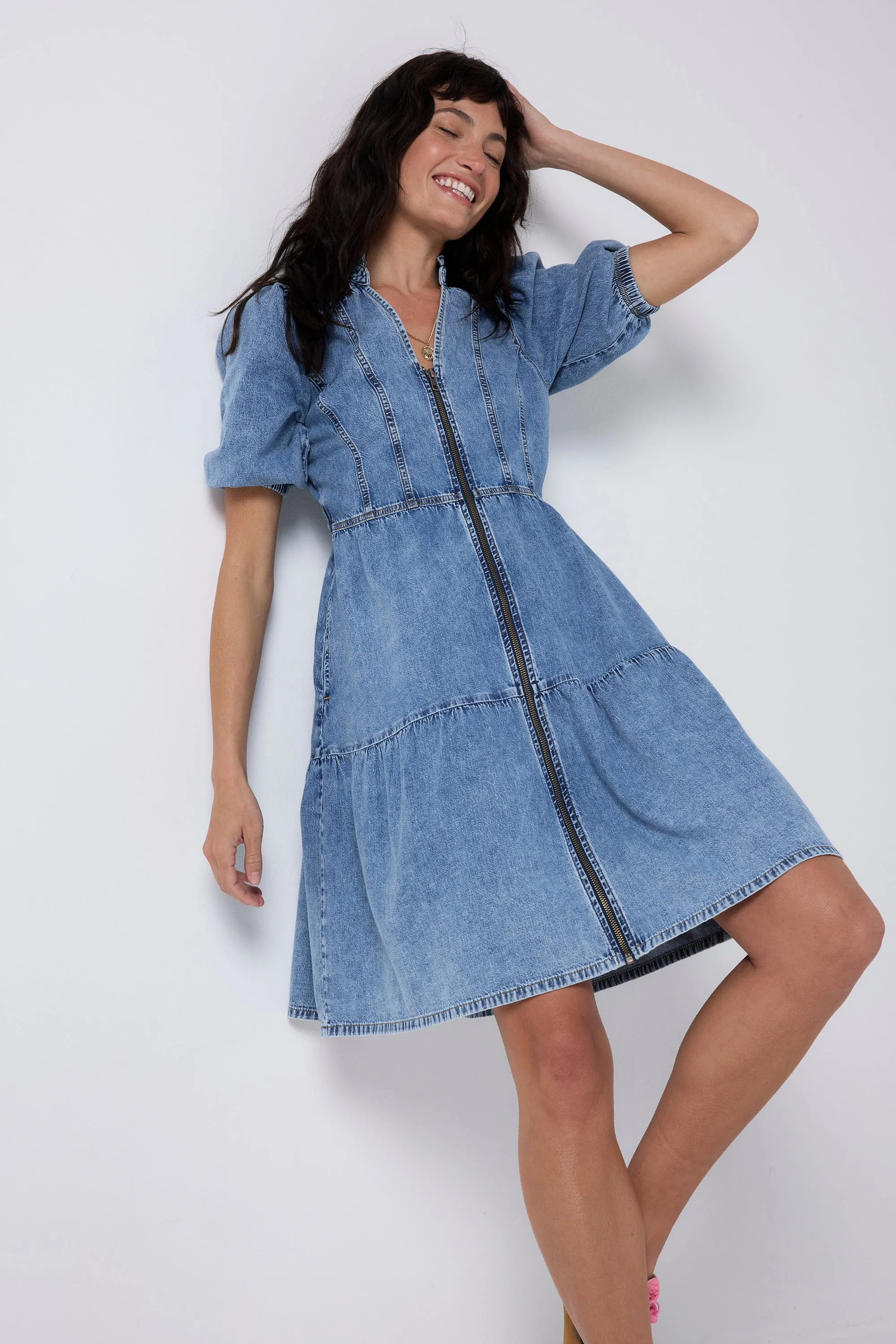 Pale Indigo Zip Detail Tiered Short Denim Dress