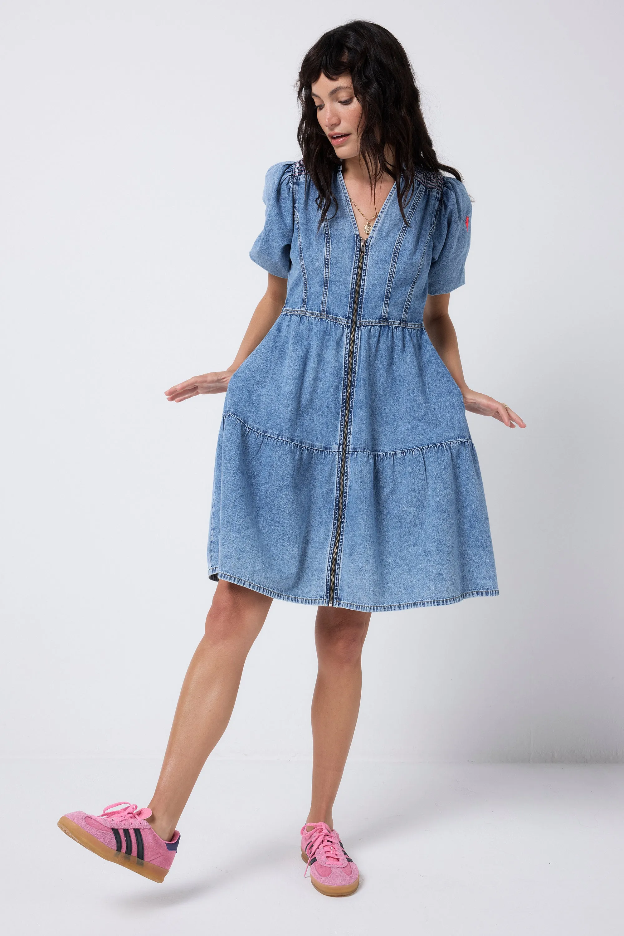 Pale Indigo Zip Detail Tiered Short Denim Dress