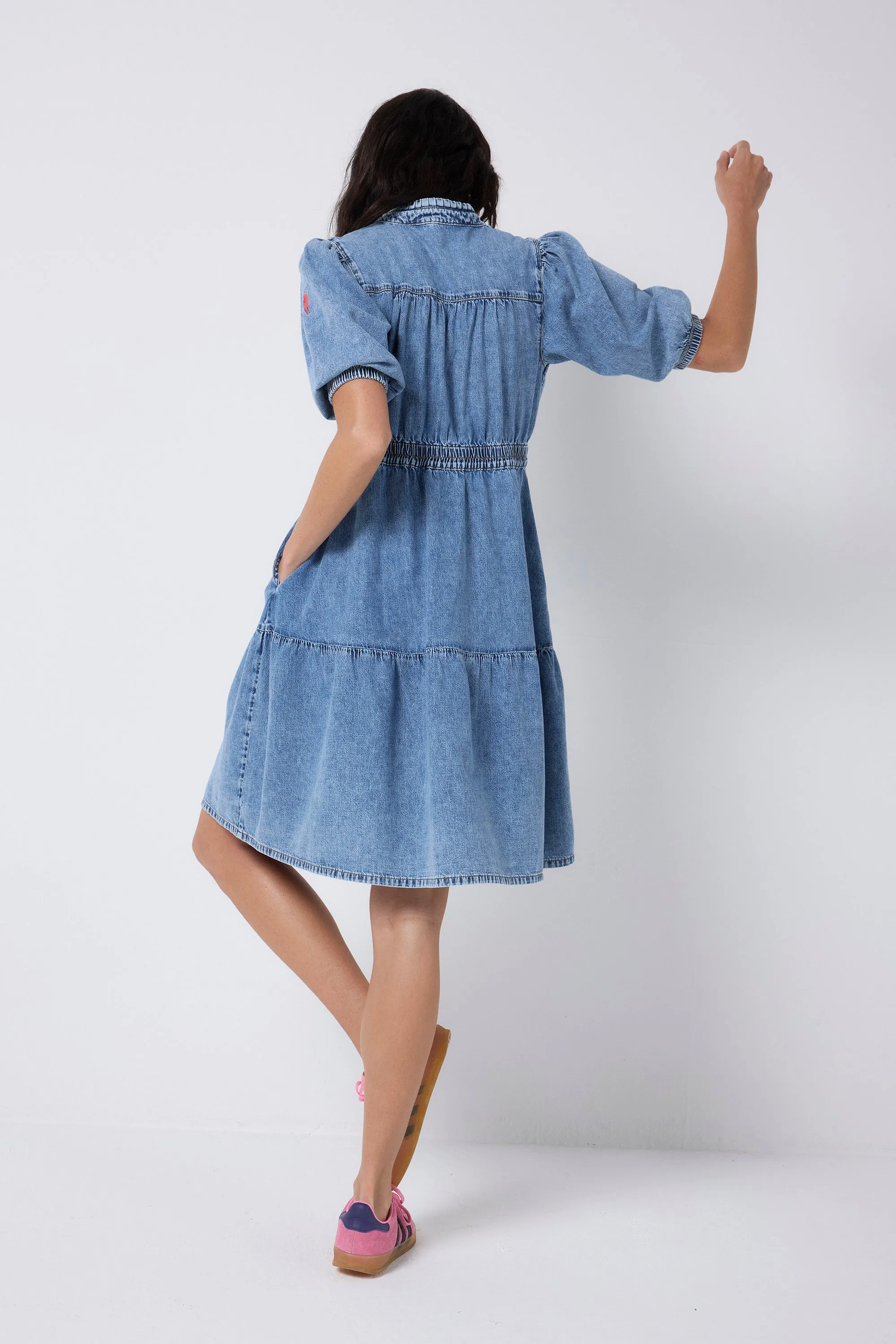 Pale Indigo Zip Detail Tiered Short Denim Dress