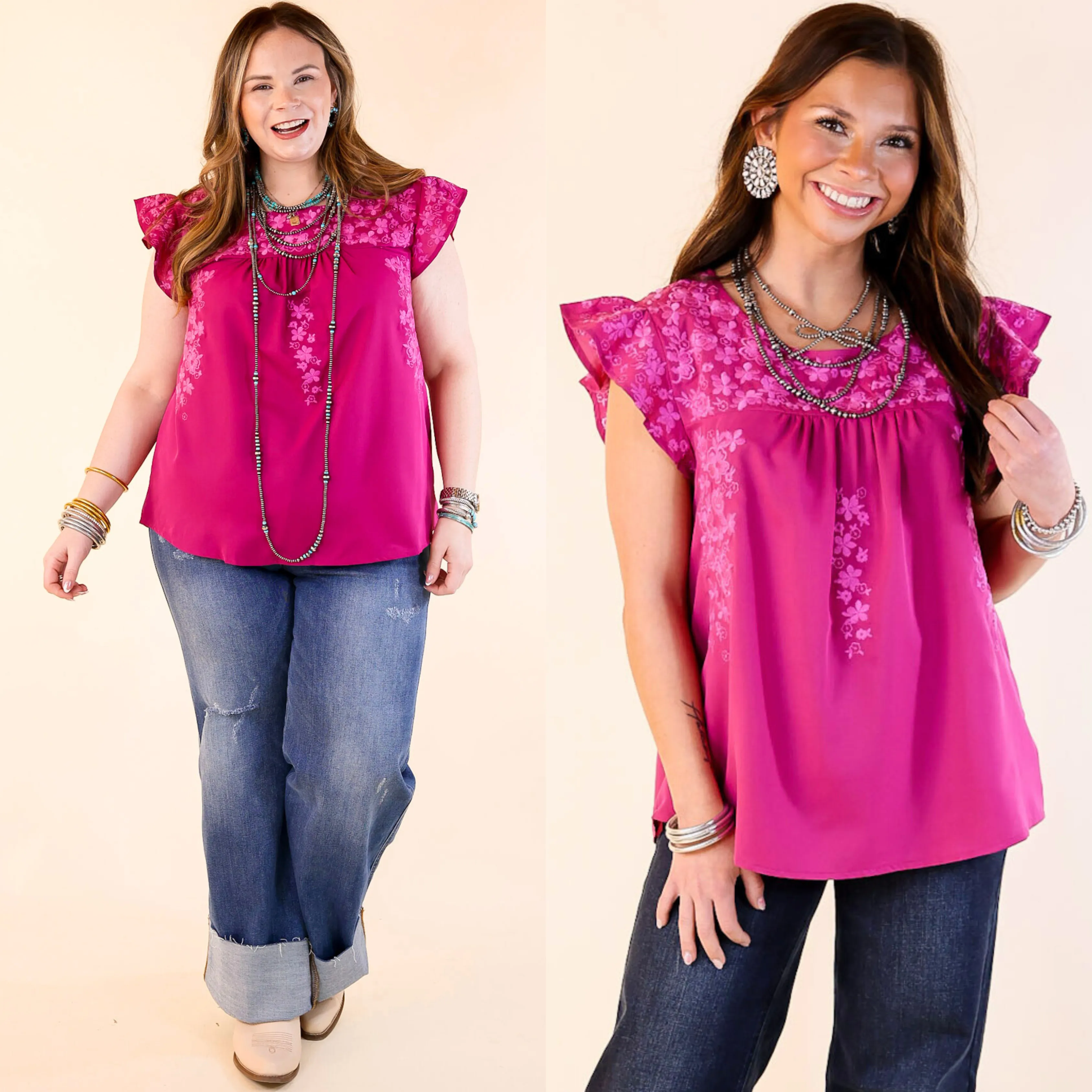 Picture Perfect Ruffle Cap Sleeve Top with Floral Embroidery in Magenta