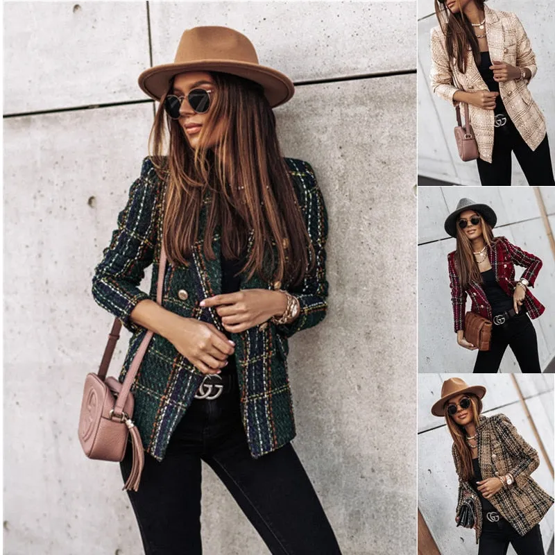 Plaid Button Long Sleeve Double Breasted Blazer