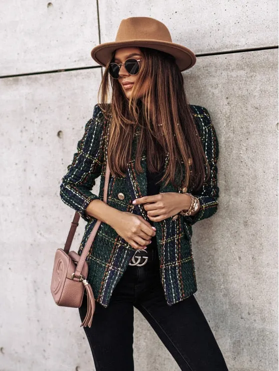 Plaid Button Long Sleeve Double Breasted Blazer