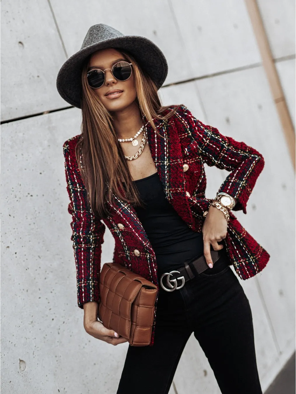 Plaid Button Long Sleeve Double Breasted Blazer