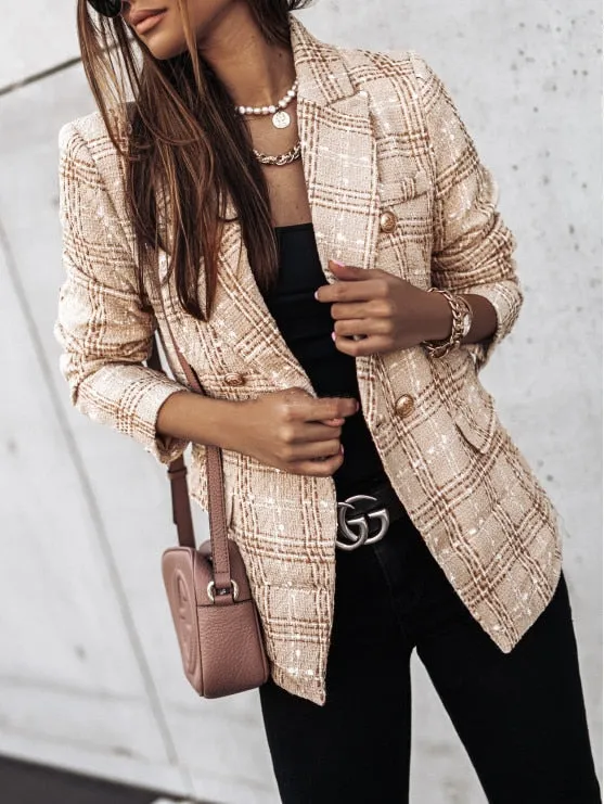 Plaid Button Long Sleeve Double Breasted Blazer