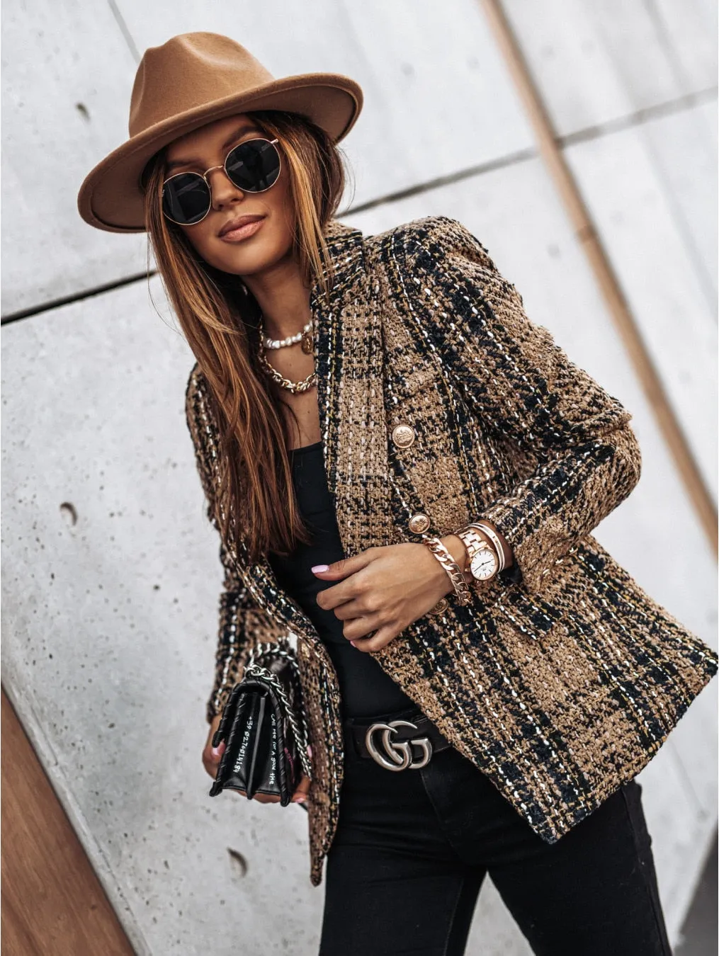Plaid Button Long Sleeve Double Breasted Blazer