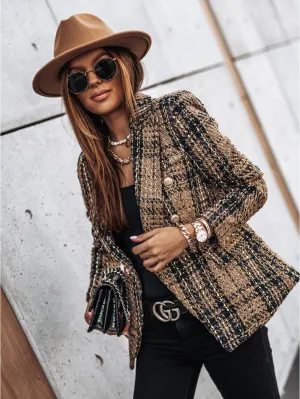 Plaid Button Long Sleeve Double Breasted Blazer