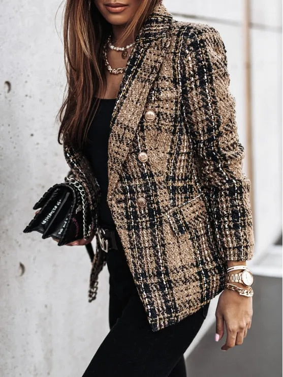 Plaid Button Long Sleeve Double Breasted Blazer